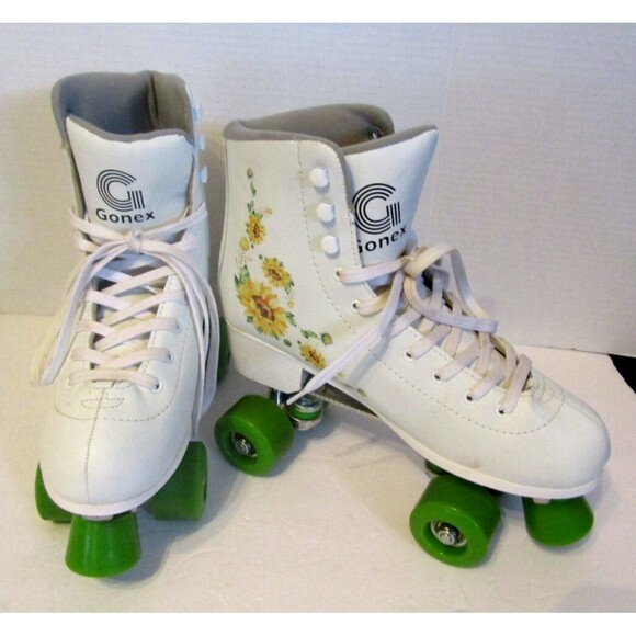 Gonex Roller Skates White Green Sunflowers 4 Wheels Double Row Leather Size 9 - Picture 7 of 9